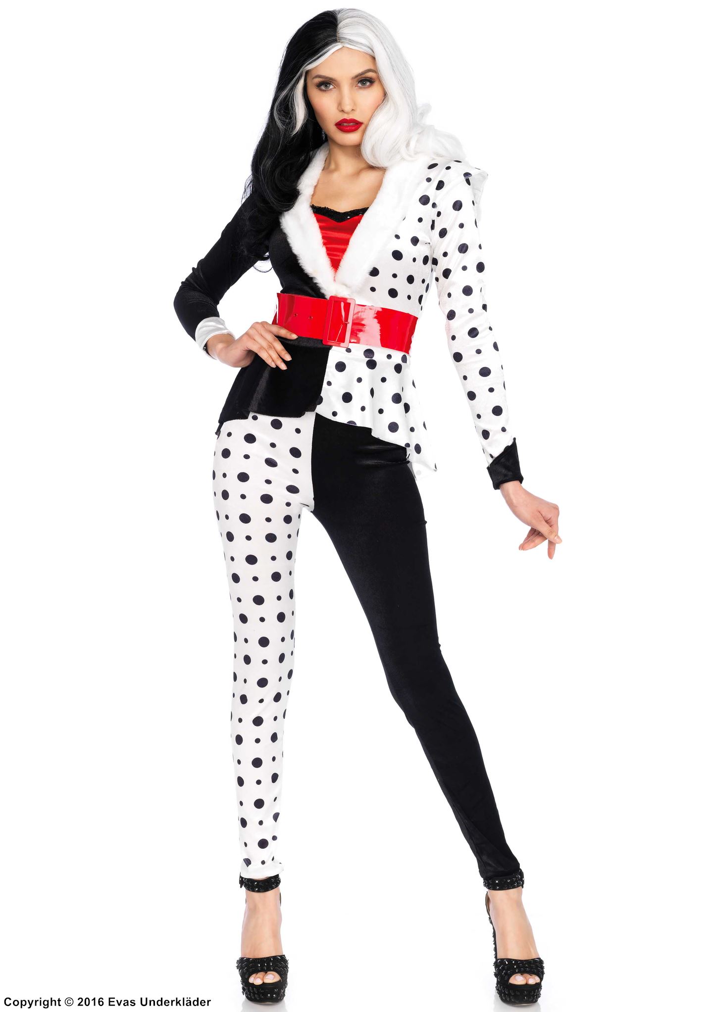 Cruella de Vil, kostymetopp og -bukser, fuskepels, polka dot-prikker